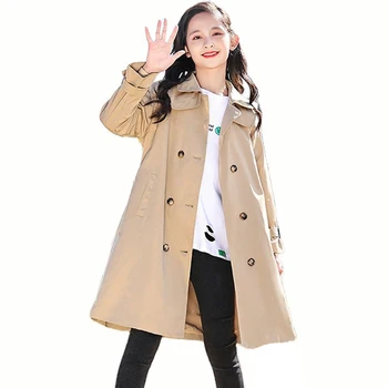 Длинная куртка для девочек, пальто, однотонное пальто для девочек, весна-осень, детская куртка в повседневном стиле, детская одежда 6 8 10 12 14