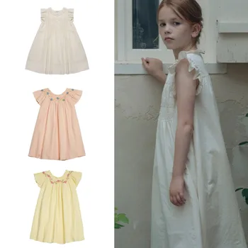 Платье для девочек 2023, Весенняя новинка серии LOU, летнее платье без рукавов, хлопковая цветочная вышивка, оборки по краю, однотонное детское платье