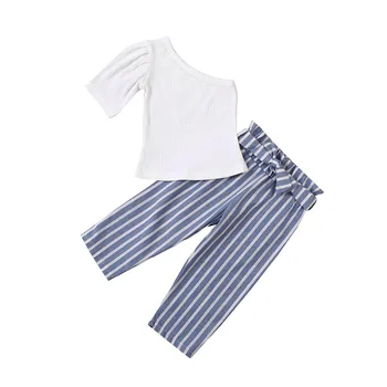 Комплекты одежды для маленьких девочек от 2 до 7 лет, топы с коротким рукавом на одно плечо + синие брюки в полоску, 2 предмета одежды