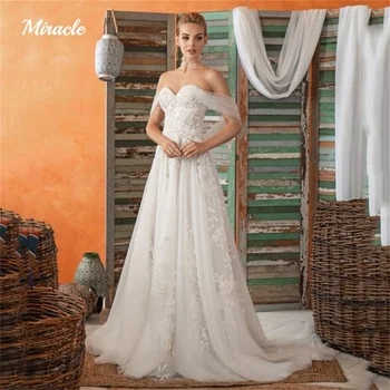 Новые классические свадебные платья трапециевидной формы с вырезом лодочкой, свадебные платья со шлейфом, Открытая спина, халат невесты, Кружевная аппликация, Vestidos De Novia
