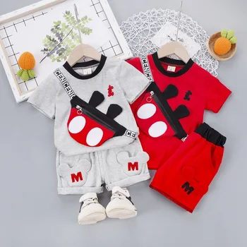 Летние комплекты для маленьких мальчиков и девочек, одежда для малышей, карманная футболка с Микки Маусом + короткие штаны, 2 шт., детские костюмы, костюм