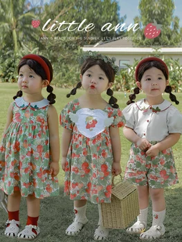 Летнее платье для девочек с милым клубничным принтом, модные свободные детские брюки 2023, Новый комплект